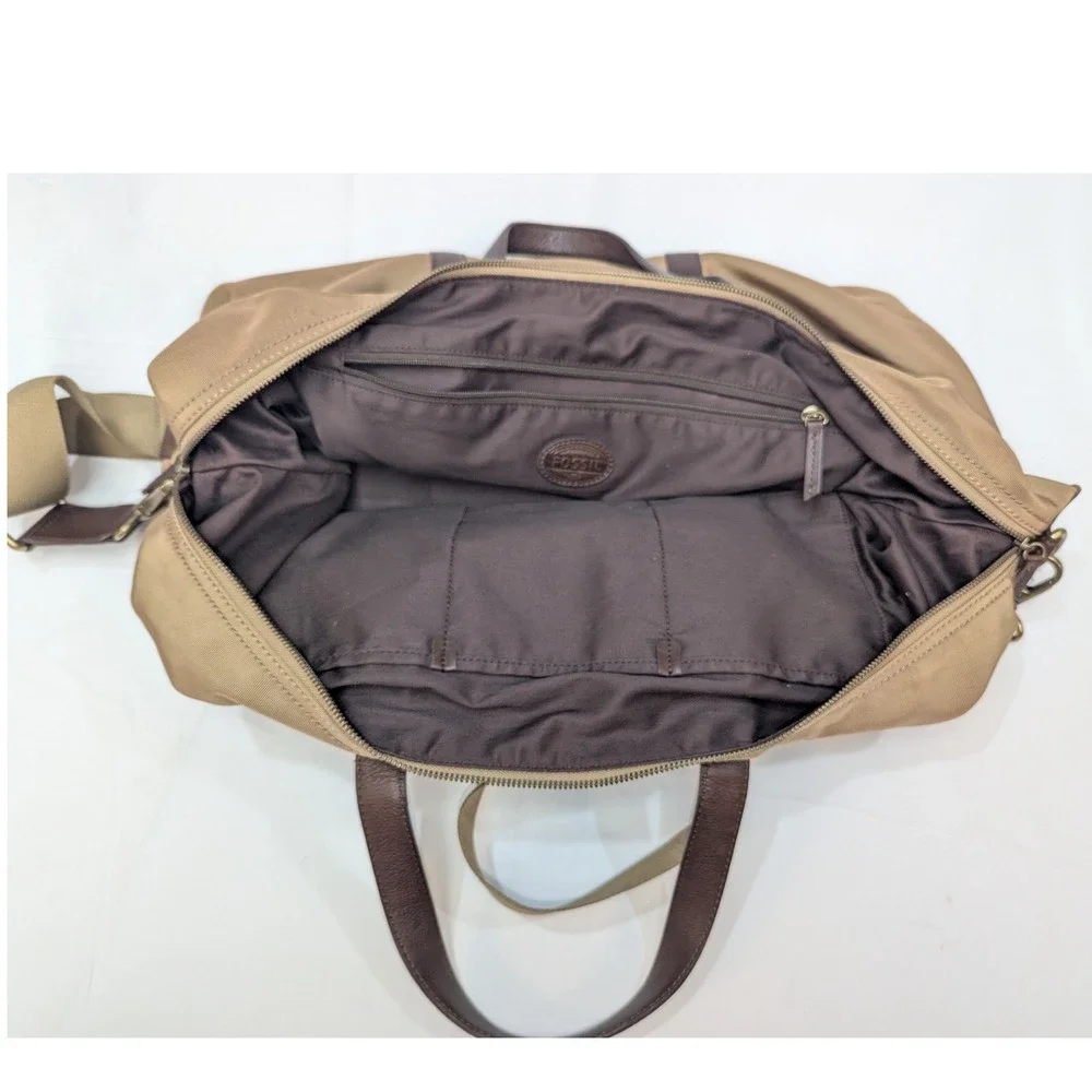 Fossil Duffle Bag Tan Canvas Brown Leather Trim Weekender Travel Luggage Large